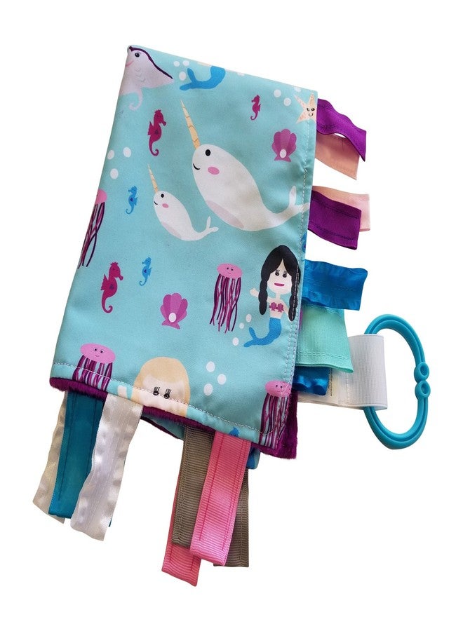 The Learning Lovey Baby Sensory, Security & Teething Closed Ribbon Tag Lovey Blanket with Minky Dot Fabric: 14”X18” (Mermaids and Narwhals) - Image 1