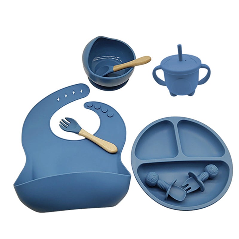 Baby Feeding Set: 6pcs Dark Blue Silicone Toddler Eating Utensils - BPA-Free Safe Material for Toddlers & Babies Home Feeding - Image 1