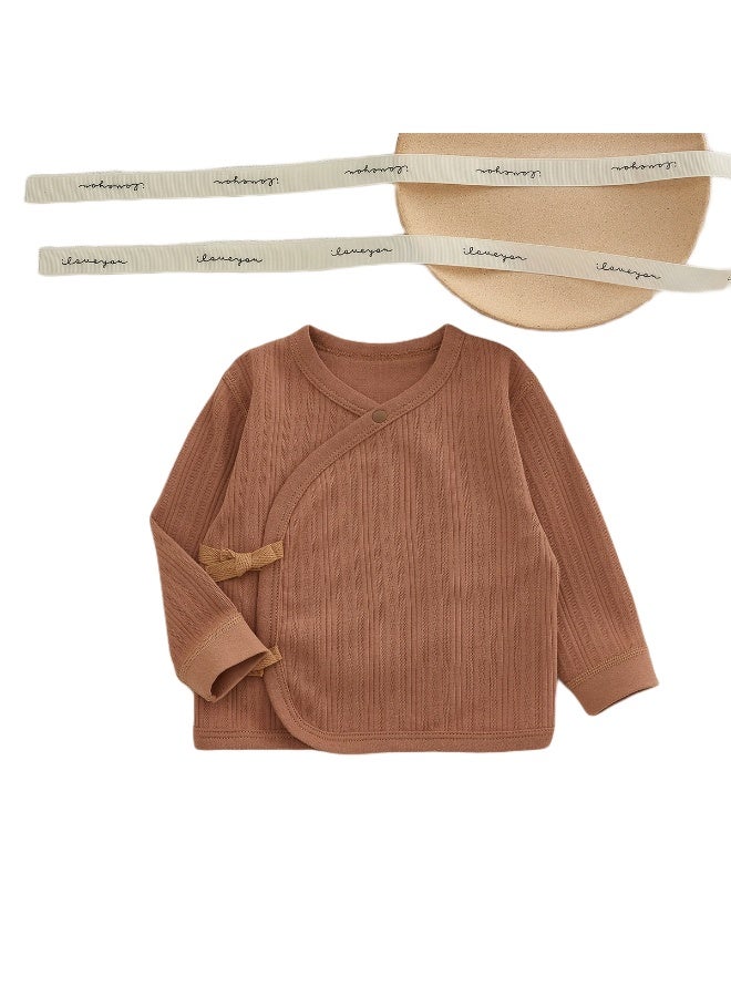 Half-back shirt for newborn babies, autumn newborn clothing, pure cotton seamless top, baby monk suit, newborn clothing single top, roasted chestnut color, 59cm. - Image 1