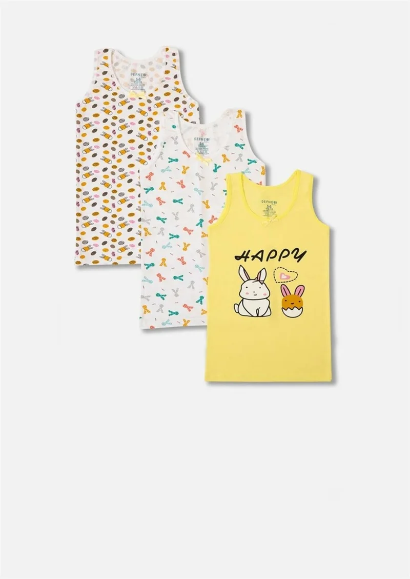 Defne Rabbit and Chick Pattern Printed Thick Strap Girl 3-Piece Undershirt Set