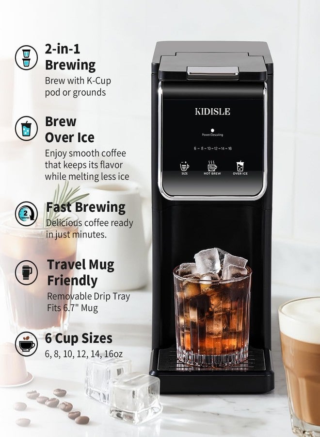 KIDISLE Hot & Iced Single Serve Coffee Maker for K Cup & Grounds, 6–16oz Brew Sizes, 40oz Water Tank, Reusable Pod Filter, Easy-to-Use for Home, Office, Dorm, Black - Image 2