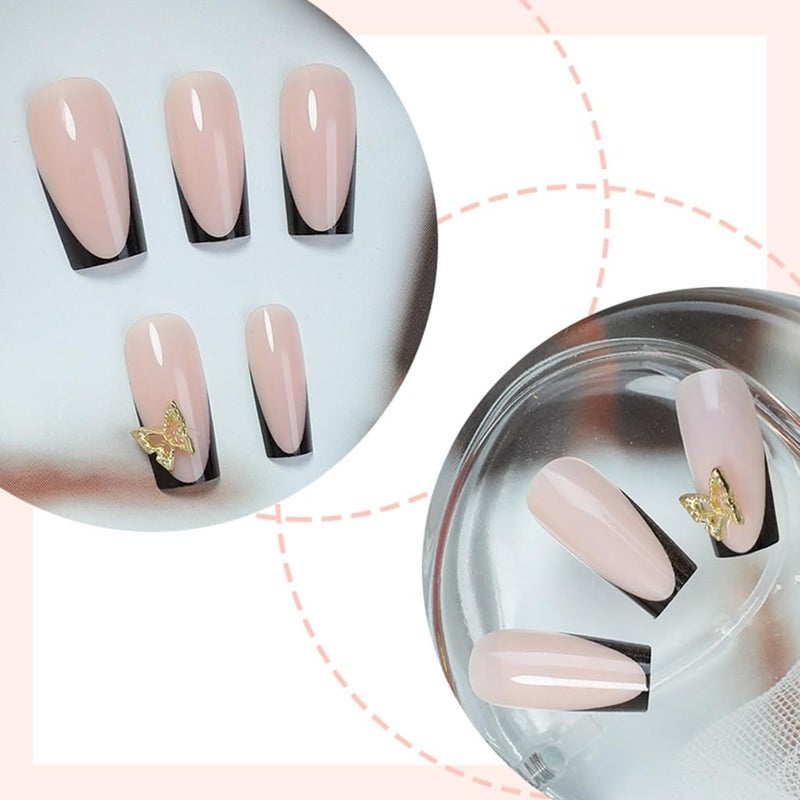 أظافر أكريليك مربعة متوسطة الحجم بتصميم فرنسي وفراشة، 24 قطعة - Image 4