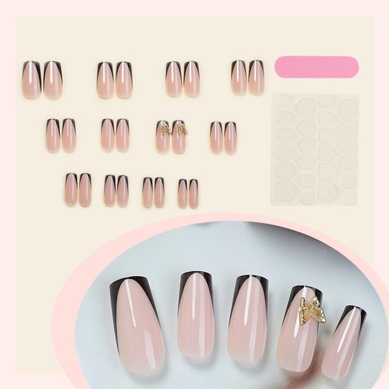 أظافر أكريليك مربعة متوسطة الحجم بتصميم فرنسي وفراشة، 24 قطعة - Image 5