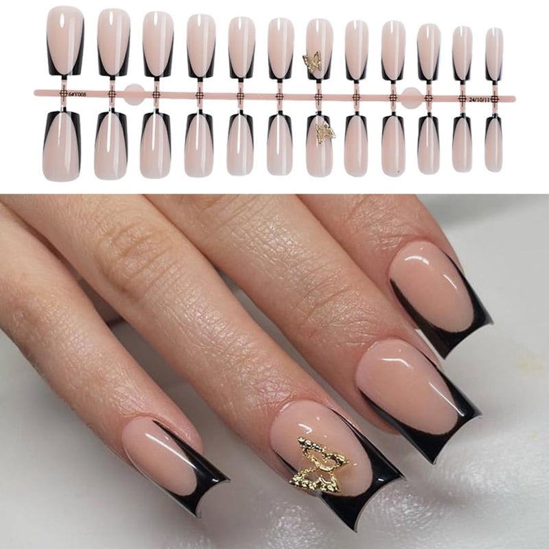 أظافر أكريليك مربعة متوسطة الحجم بتصميم فرنسي وفراشة، 24 قطعة - Image 3