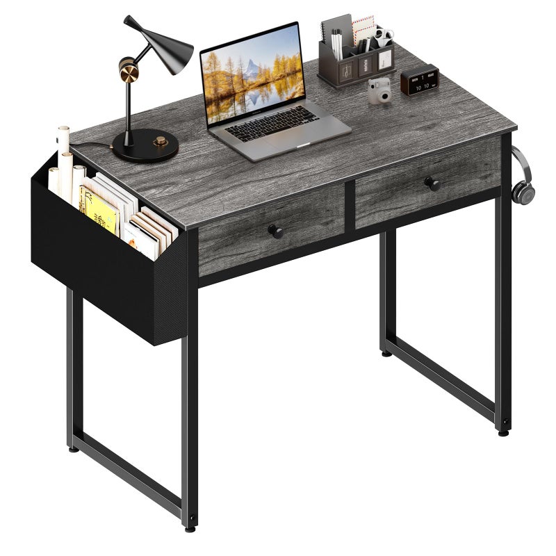 Lufeiya Small Desk with Drawers - for Bedroom, 32 Inch Home Office Computer Desk with Fabric Storage Drawer and Bag, Study Writing Table for Small Spaces, Gray - Image 1