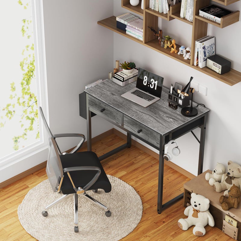 Lufeiya Small Desk with Drawers - for Bedroom, 32 Inch Home Office Computer Desk with Fabric Storage Drawer and Bag, Study Writing Table for Small Spaces, Gray - Image 2