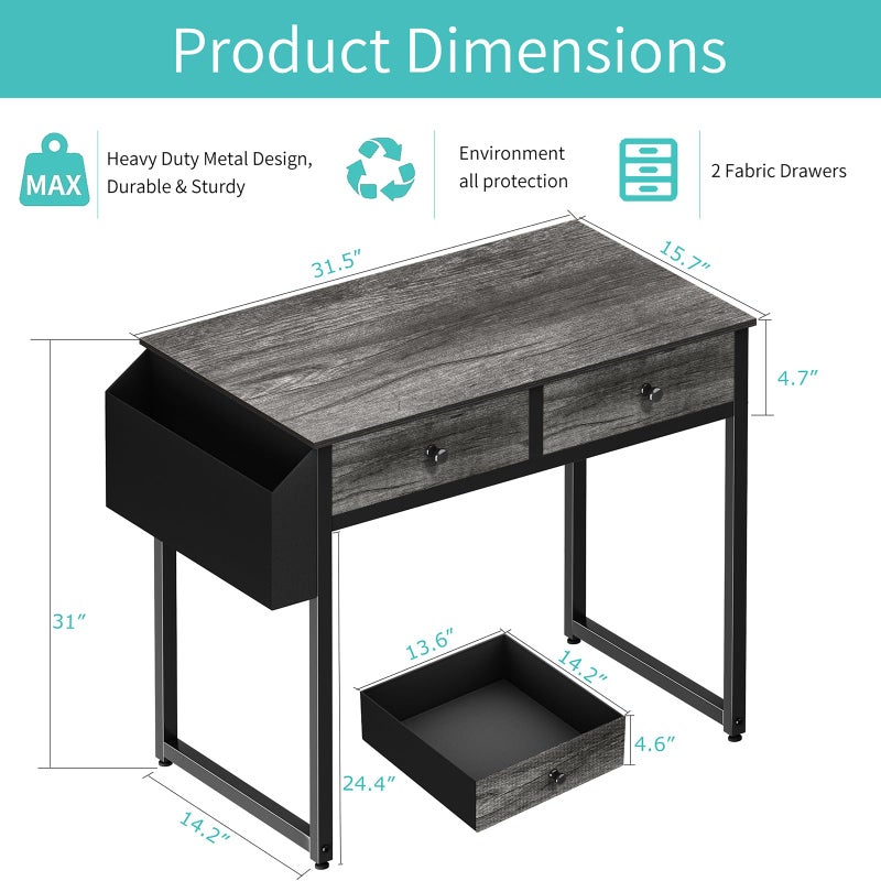 Lufeiya Small Desk with Drawers - for Bedroom, 32 Inch Home Office Computer Desk with Fabric Storage Drawer and Bag, Study Writing Table for Small Spaces, Gray - Image 3