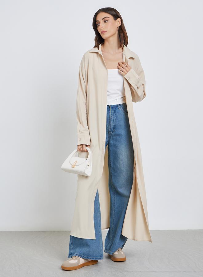 Take Two Solid Collared Kimono with Button Closure - Image 1