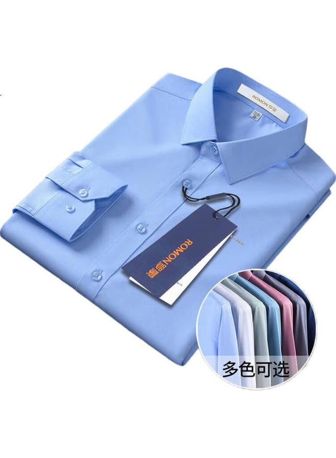 ROMON قميص رجالي بأكمام طويلة من رومون، مرن ومقاوم للتجاعيد، مناسب لجميع فصول السنة، قميص عمل غير رسمي، ملابس رجالية Lm01 أزرق سماوي 45 - Image 1