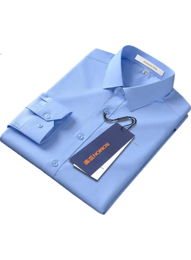 ROMON قميص رجالي بأكمام طويلة من رومون، مرن ومقاوم للتجاعيد، مناسب لجميع فصول السنة، قميص عمل غير رسمي، ملابس رجالية Lm01 أزرق سماوي 45 - Image 2