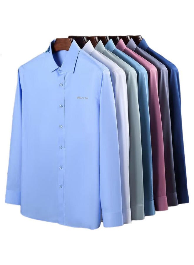 ROMON قميص رجالي بأكمام طويلة من رومون، مرن ومقاوم للتجاعيد، مناسب لجميع فصول السنة، قميص عمل غير رسمي، ملابس رجالية Lm01 أزرق سماوي 45 - Image 3