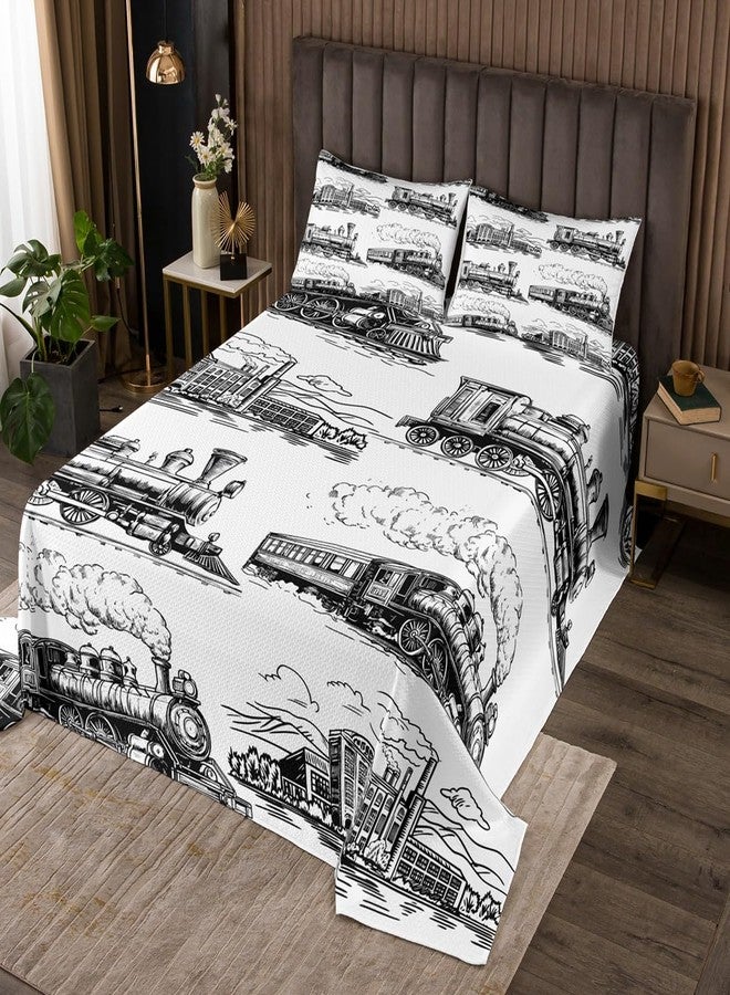 مان فاي غطاء سرير مانفي بتصميم قطار، مقاس كوين، غطاء سرير مبطن بتصميم قطار بخاري كلاسيكي مع 2 غطاء وسادة، طقم غطاء سرير بتصميم قطار كلاسيكي مكون من 3 قطع لتزيين غرف الأطفال والأولاد والبالغين، لحاف سرير من البوليستر الناعم - Image 1