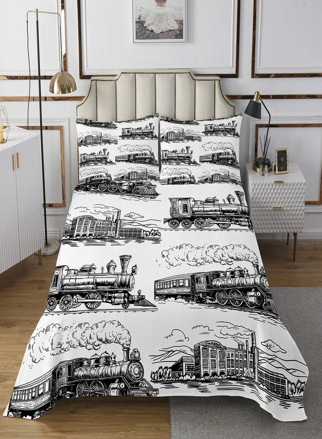 مان فاي غطاء سرير مانفي بتصميم قطار، مقاس كوين، غطاء سرير مبطن بتصميم قطار بخاري كلاسيكي مع 2 غطاء وسادة، طقم غطاء سرير بتصميم قطار كلاسيكي مكون من 3 قطع لتزيين غرف الأطفال والأولاد والبالغين، لحاف سرير من البوليستر الناعم - Image 2