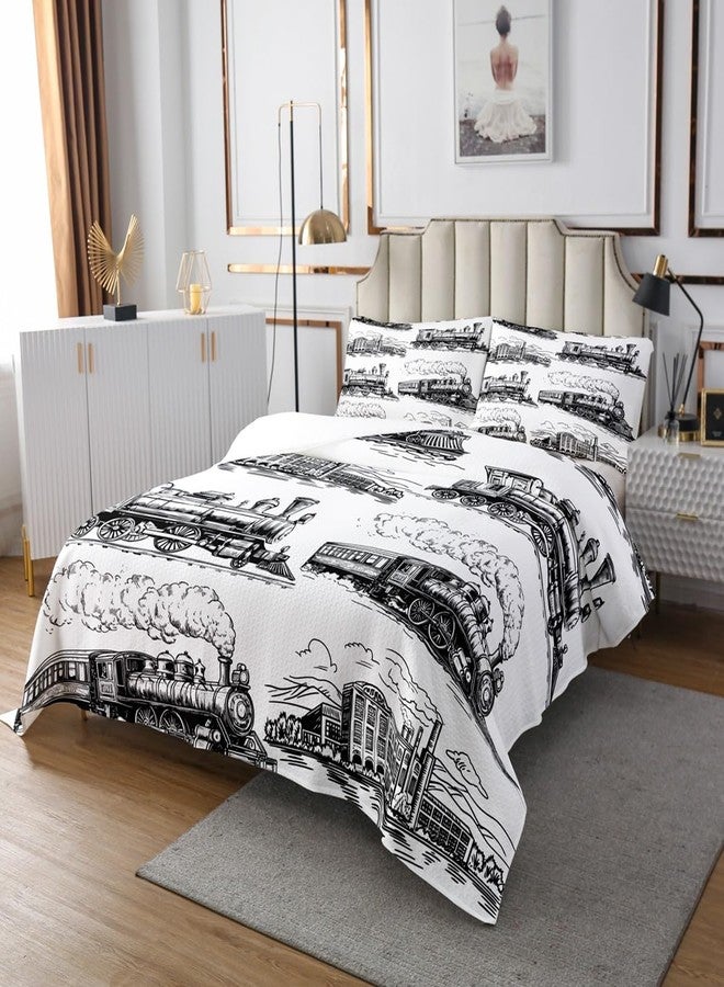 مان فاي غطاء سرير مانفي بتصميم قطار، مقاس كوين، غطاء سرير مبطن بتصميم قطار بخاري كلاسيكي مع 2 غطاء وسادة، طقم غطاء سرير بتصميم قطار كلاسيكي مكون من 3 قطع لتزيين غرف الأطفال والأولاد والبالغين، لحاف سرير من البوليستر الناعم - Image 3