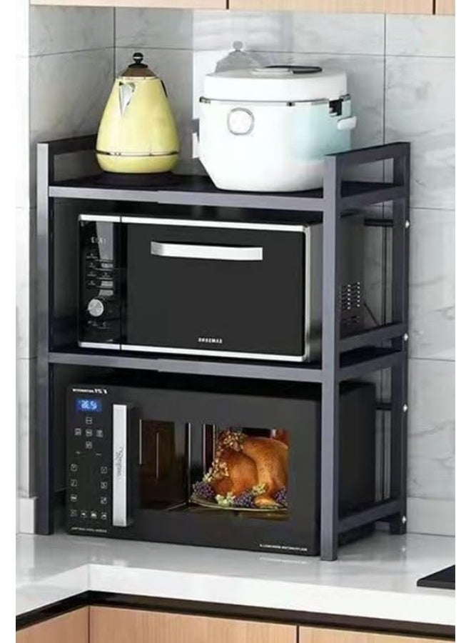 سوفام رف المطبخ مع الأرفف، رف تخزين المطبخ القابل للضبط والمد، رف الميكروويف الفولاذي الكرتوني، رف طهي الأرز مع 6 خطافات، رف أسود (ثنائي الطبقة) - Image 1