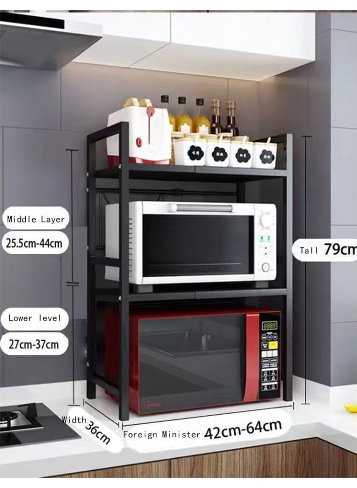 سوفام رف المطبخ مع الأرفف، رف تخزين المطبخ القابل للضبط والمد، رف الميكروويف الفولاذي الكرتوني، رف طهي الأرز مع 6 خطافات، رف أسود (ثنائي الطبقة) - Image 2