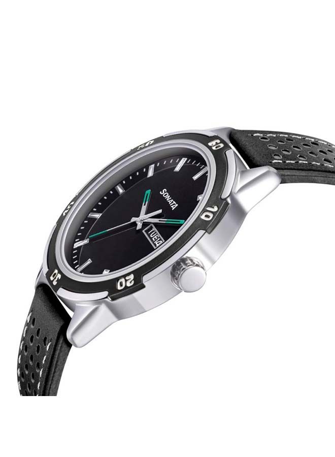 Sonata Round Shape Leather Band Analog Wrist Watch 7138KL03 - 45 mm - Black - Image 2