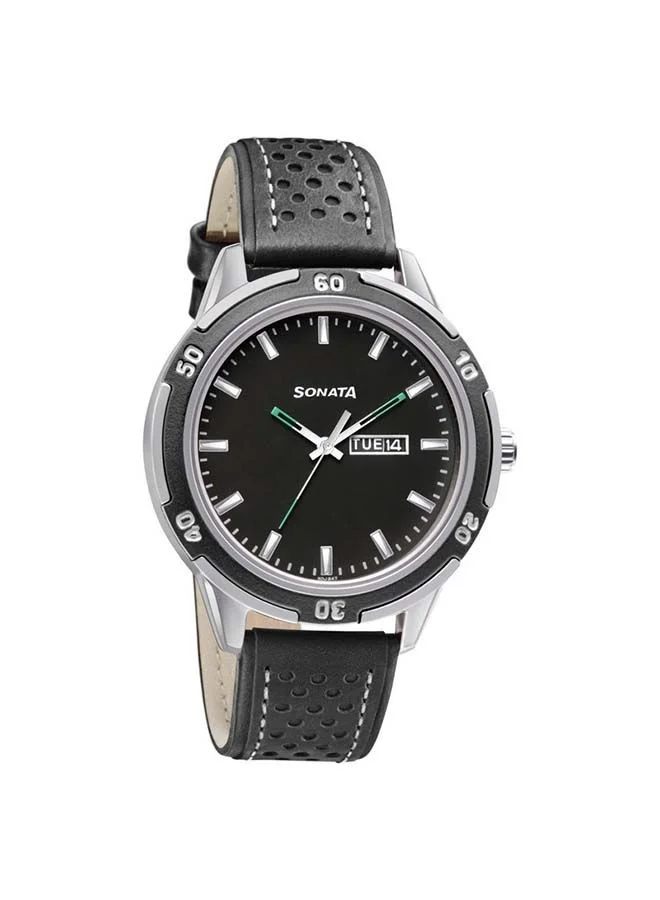 Sonata Round Shape Leather Band Analog Wrist Watch 7138KL03 - 45 mm - Black