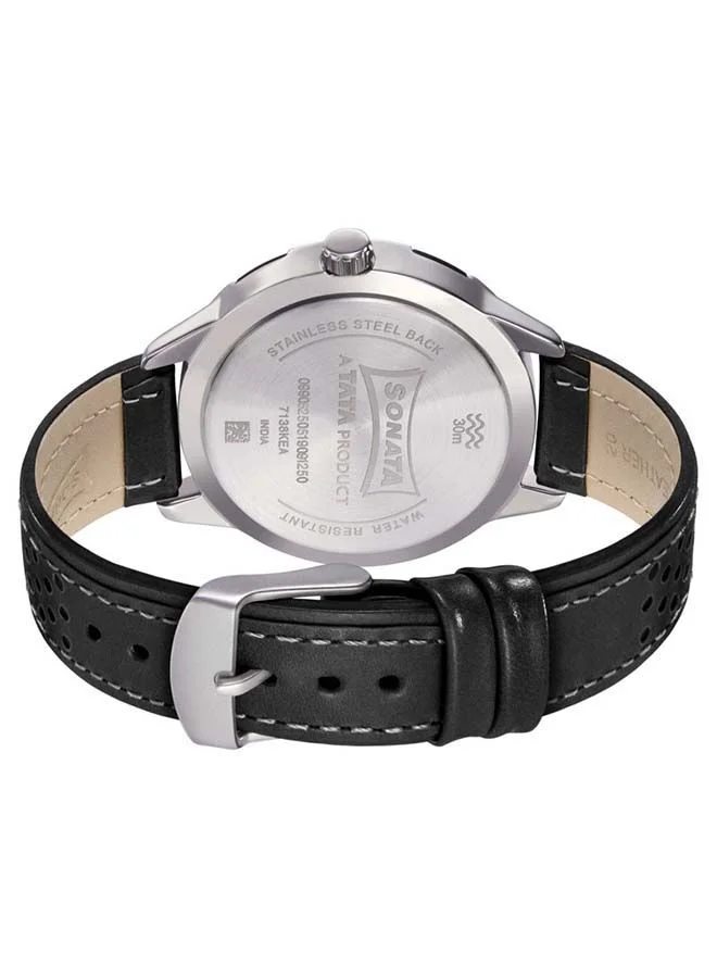 Sonata Round Shape Leather Band Analog Wrist Watch 7138KL03 - 45 mm - Black