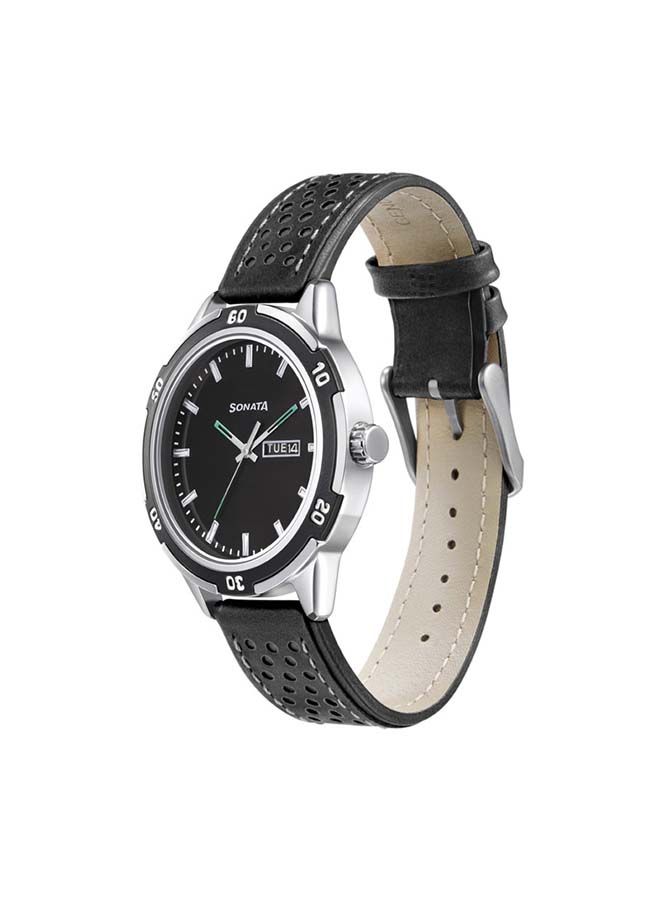 Sonata Round Shape Leather Band Analog Wrist Watch 7138KL03 - 45 mm - Black - Image 1