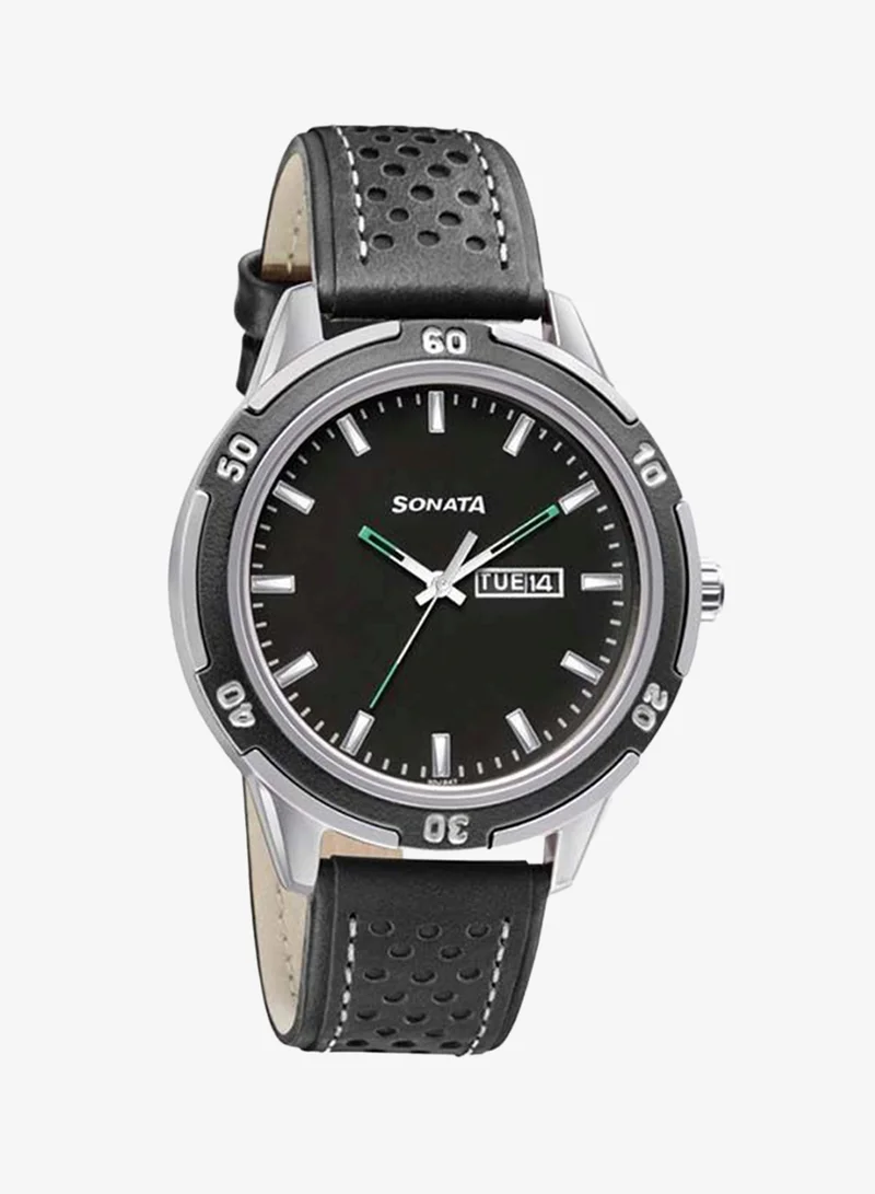 Sonata  Round Shape Leather Band Analog Wrist Watch 7138KL03 - 45 mm - Black for Men | Best Price UAE