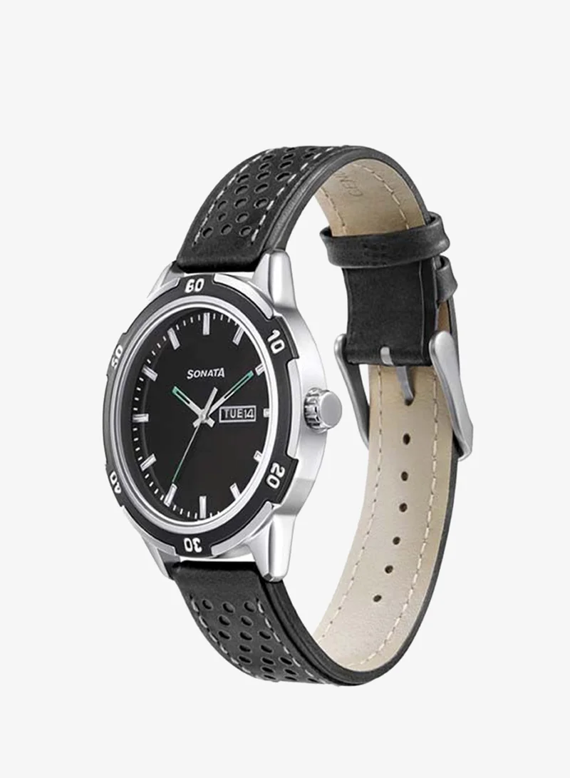 Sonata Round Shape Leather Band Analog Wrist Watch 7138KL03 - 45 mm - Black