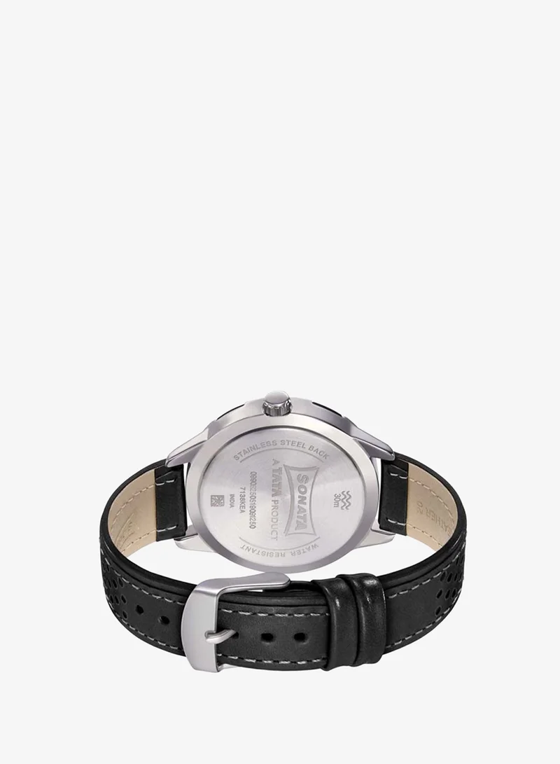 Sonata  Round Shape Leather Band Analog Wrist Watch 7138KL03 - 45 mm - Black for Men | Best Price UAE