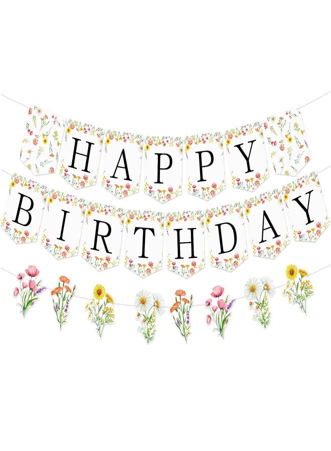 Adecortalk Flower Happy Birthday Banner Wildflower Butterfly Party Decorations Floral Garland Bunting Sign for Women Girls Birthday Baby Shower Party Decorations - Image 1