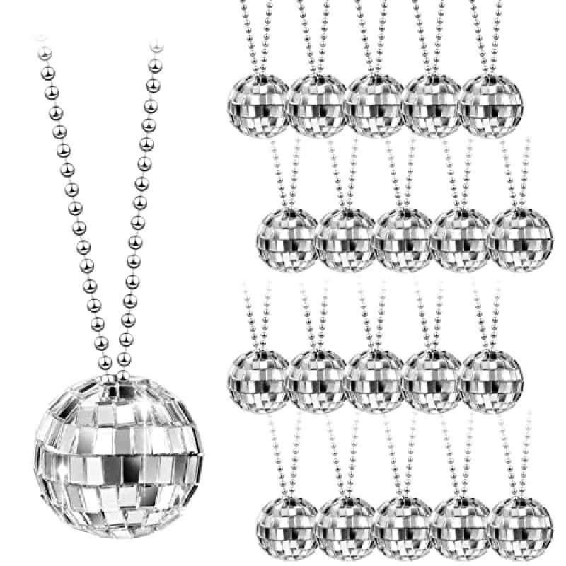 Disco Ball Necklace 0.8-Inch Mirror Pendant With Sturdy Beaded Chain - 25-Pack Lightweight Party Necklaces For 70s Dance Events - Image 1