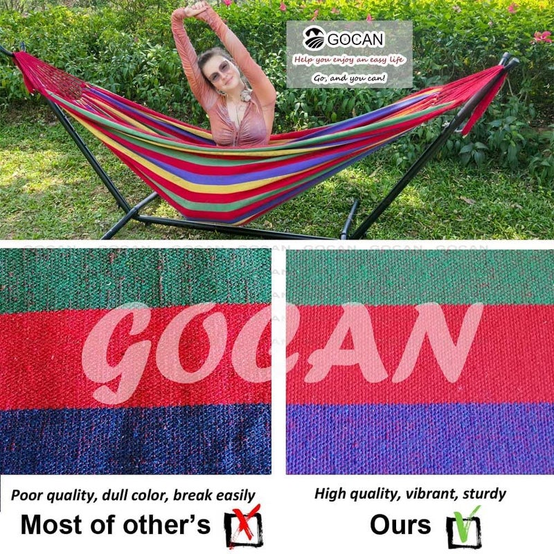 GOCAN أرجوحة برازيلية مزدوجة من لشخصين، كبيرة جدًا 220 × 160 سم، الطول الإجمالي 330 سم، الحمولة 500 رطل، أرجوحة قماش قطنية للفناء والشرفة والحديقة والفناء الخلفي والاسترخاء في الهواء الطلق والداخل (قوس قزح) XXL - Image 4