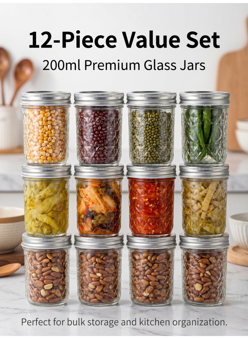 nihao 12-Piece 200ml Glass Jars with Lids, Accessories ，Diamond Pattern Airtight Spice & Food Storage Containers - Image 1