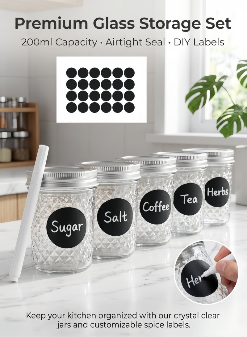 nihao 12-Piece 200ml Glass Jars with Lids, Accessories ，Diamond Pattern Airtight Spice & Food Storage Containers - Image 2