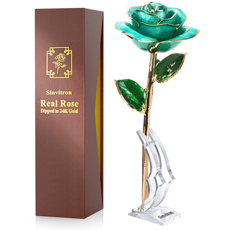 Sinvitron Gold Dipped Rose 24K Real Rose  Long Stem 24k Gold Plated Rose with Stand  Birthday Gift for Women Gifts for Mom  Dipped Gold Rose for Anniversary  Mothers and Valentines Day (Light Blue) - Image 1