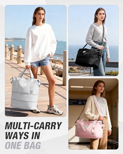 livbote Expandable Travel Duffle Bag for Women Men Large Gym Bag Travel Tote Bags Waterproof Carry On Personal Item Bag Airline Approved Overnight Workout Weekender Bag with Luggage Sleeve Light Grey - Image 3