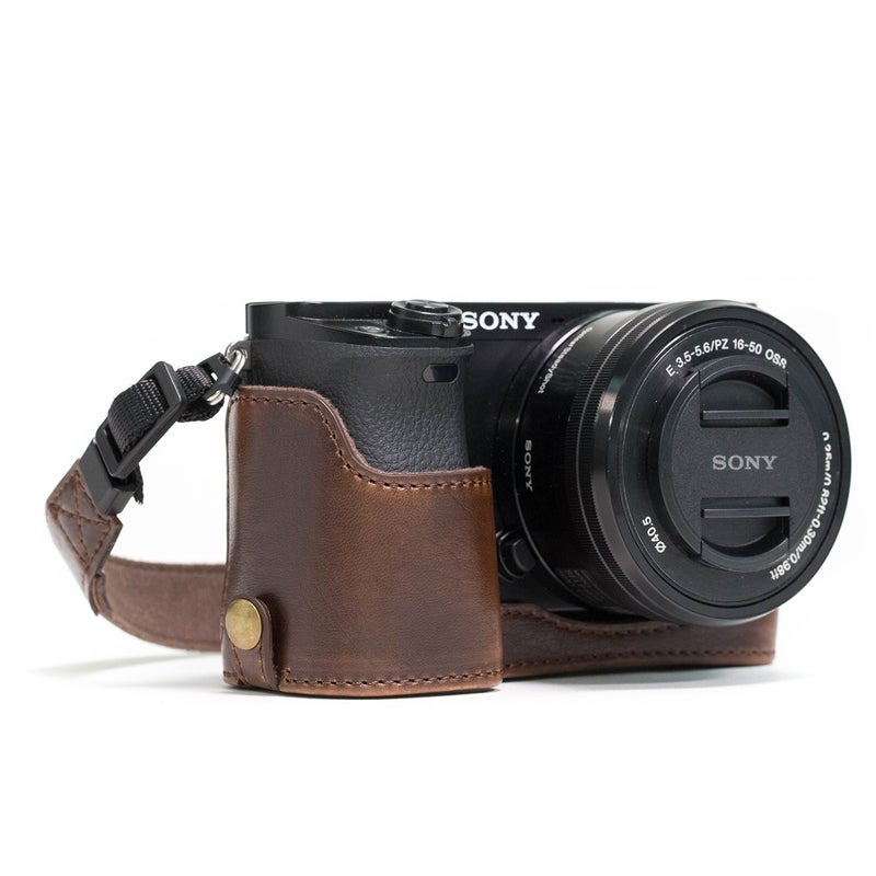 MegaGear MG961 Sony Alpha A6300, A6000 Ever Ready Leather Camera Half Case and Strap, with Battery Access, Dark Brown - Image 1