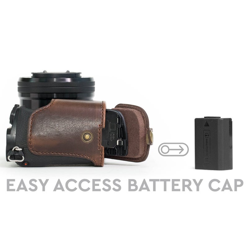 MegaGear MG961 Sony Alpha A6300, A6000 Ever Ready Leather Camera Half Case and Strap, with Battery Access, Dark Brown - Image 3