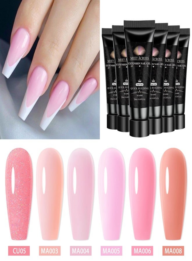 MEET ACROSS Poly Nail Gel Set, 6 Colors Pink Glitter Poly Extension Gel Nail Enhancement Builder French Manicure DIY Home Salon Beauty Gift - Image 4
