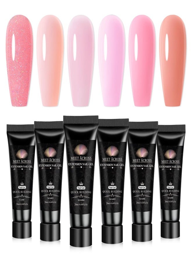 MEET ACROSS Poly Nail Gel Set, 6 Colors Pink Glitter Poly Extension Gel Nail Enhancement Builder French Manicure DIY Home Salon Beauty Gift - Image 1