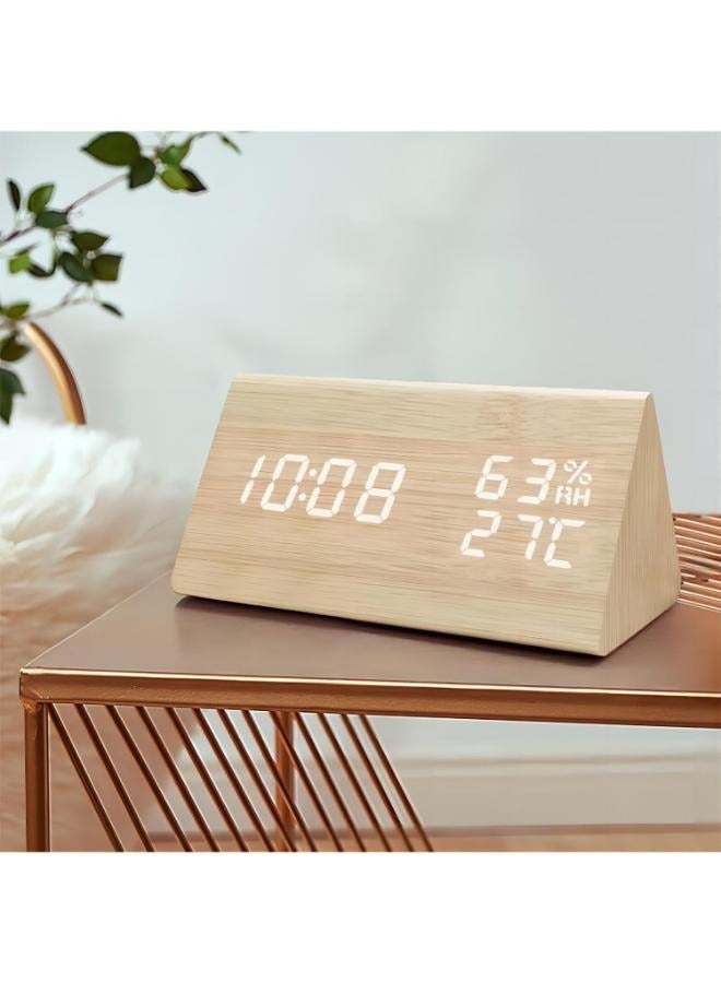 ساعة منبه رقمية خشبية إلكترونية LED لعرض التاريخ ودرجة الحرارة والرطوبة و3 إعدادات تنبيه و3 مستويات سطوع للمنزل وغرفة النوم والمكتب - Image 1
