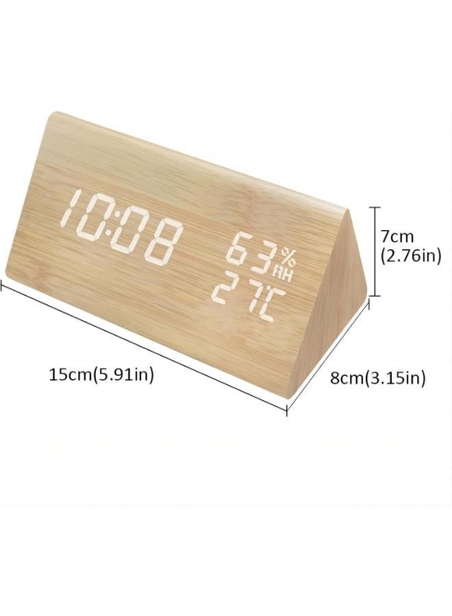 ساعة منبه رقمية خشبية إلكترونية LED لعرض التاريخ ودرجة الحرارة والرطوبة و3 إعدادات تنبيه و3 مستويات سطوع للمنزل وغرفة النوم والمكتب - Image 2