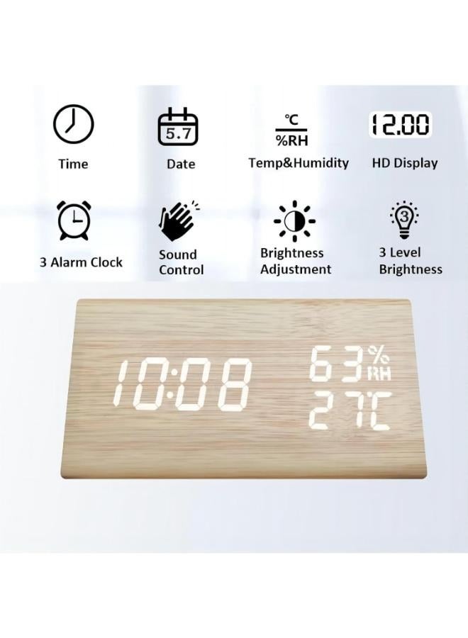 ساعة منبه رقمية خشبية إلكترونية LED لعرض التاريخ ودرجة الحرارة والرطوبة و3 إعدادات تنبيه و3 مستويات سطوع للمنزل وغرفة النوم والمكتب - Image 4