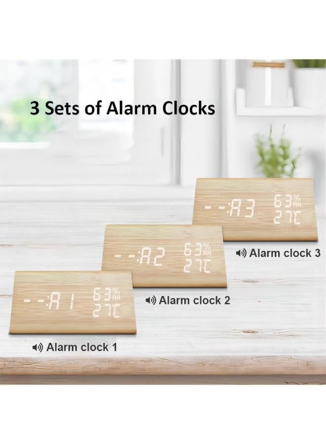 ساعة منبه رقمية خشبية إلكترونية LED لعرض التاريخ ودرجة الحرارة والرطوبة و3 إعدادات تنبيه و3 مستويات سطوع للمنزل وغرفة النوم والمكتب - Image 5