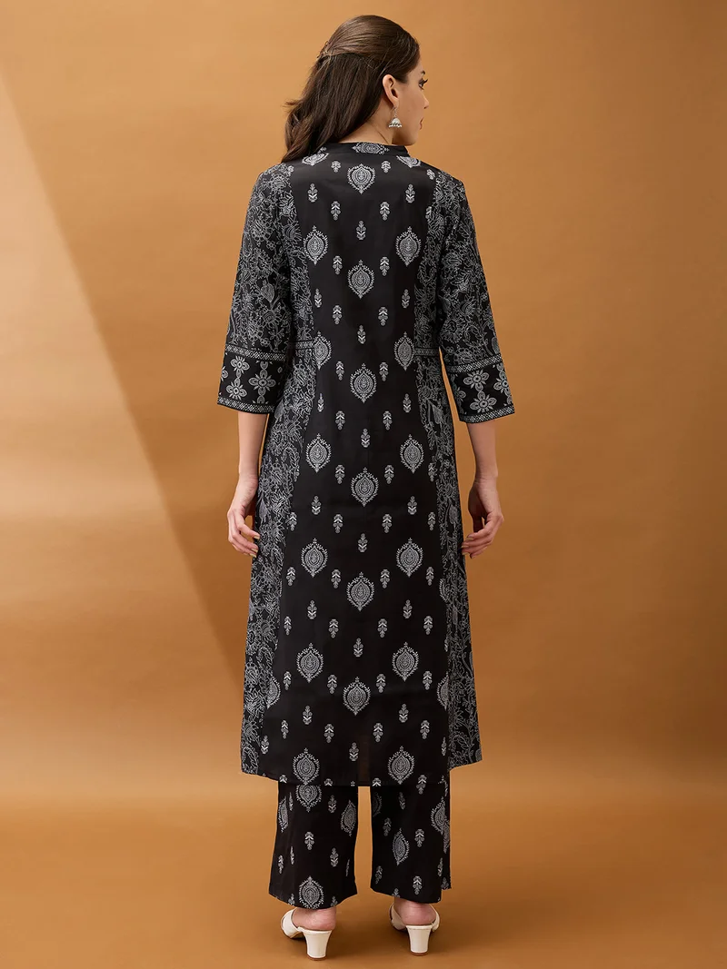 جلو باص Women Black Ethnic Print Mandarin Collar Button Down A-Line Kurta With Straight Pant Set