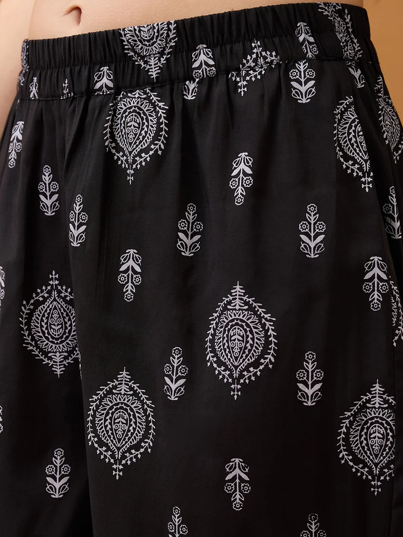 جلو باص Women Black Ethnic Print Mandarin Collar Button Down A-Line Kurta With Straight Pant Set