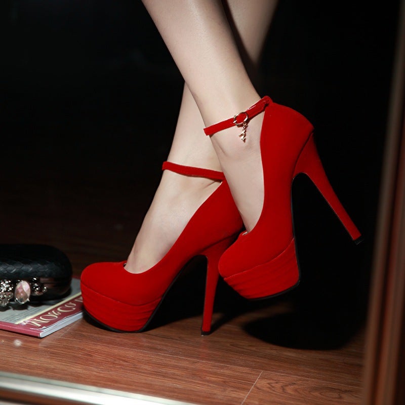 2019 Fashion Style Suede Round Toe Waterproof Platform Buckle Stiletto Heel Women'S Single-Layer Shoes Banquet - Image 2