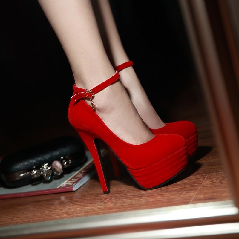 2019 Fashion Style Suede Round Toe Waterproof Platform Buckle Stiletto Heel Women'S Single-Layer Shoes Banquet - Image 3