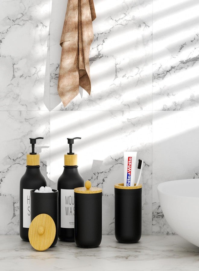 VITVITI 5PCS Bathtoom Accessories Set, Matte Black Mouthwash Soap Dispenser, Toothbrush/Cotton Swab Holder, Plastic Bamboo Accessory Set Decor with Lid - Image 3