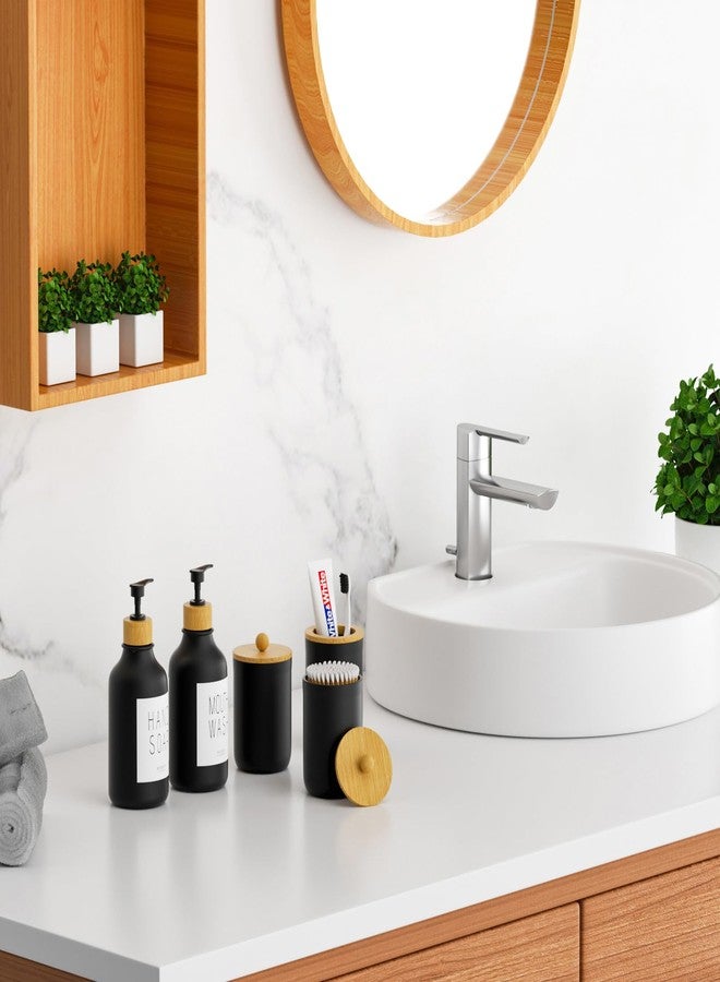 VITVITI 5PCS Bathtoom Accessories Set, Matte Black Mouthwash Soap Dispenser, Toothbrush/Cotton Swab Holder, Plastic Bamboo Accessory Set Decor with Lid - Image 5