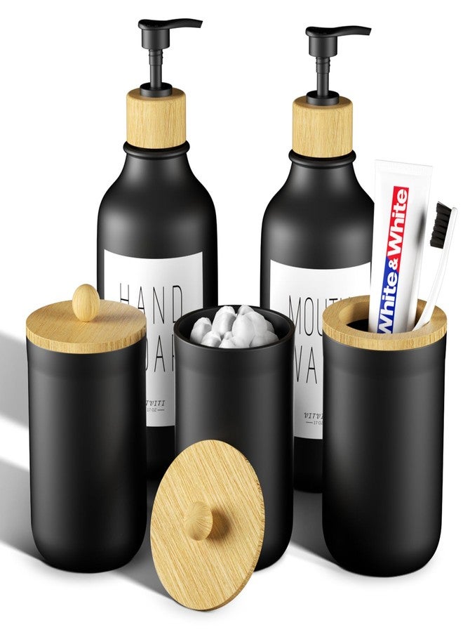 VITVITI 5PCS Bathtoom Accessories Set, Matte Black Mouthwash Soap Dispenser, Toothbrush/Cotton Swab Holder, Plastic Bamboo Accessory Set Decor with Lid - Image 1