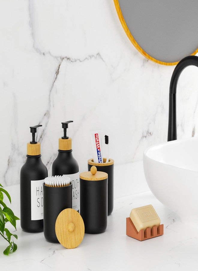 VITVITI 5PCS Bathtoom Accessories Set, Matte Black Mouthwash Soap Dispenser, Toothbrush/Cotton Swab Holder, Plastic Bamboo Accessory Set Decor with Lid - Image 4